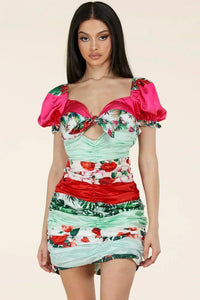 PRINTED RUSCHED PUFF SLEEVE CUTOUT MINI DRESS - PRIVILEGE 