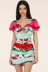 PRINTED RUSCHED PUFF SLEEVE CUTOUT MINI DRESS - PRIVILEGE 