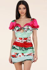 PRINTED RUSCHED PUFF SLEEVE CUTOUT MINI DRESS - PRIVILEGE 