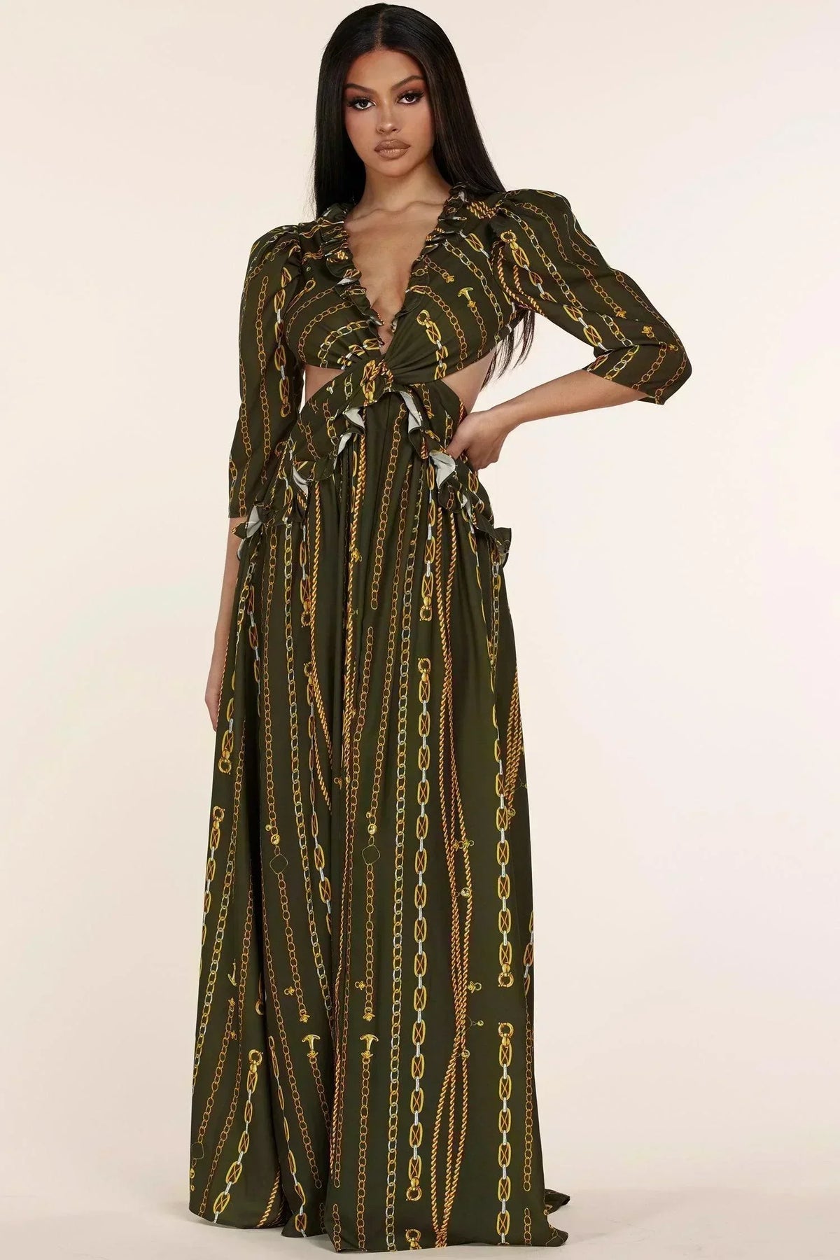 OLIVE GREEN MAXI CHAIN DRESS - PRIVILEGE 