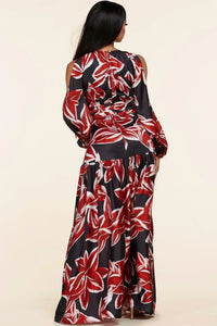 OPEN SLEEVE MAXI DRESS IN RED AND BLACK FLORAL PRINT - PRIVILEGE 