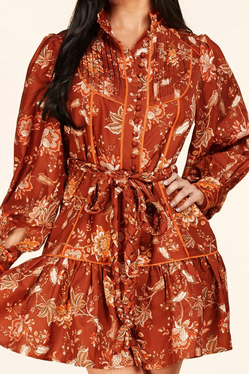 RUST VINTAGE FLORAL MINI DRESS - PRIVILEGE 