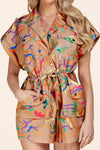 taupe romper features an allover colorful - PRIVILEGE 