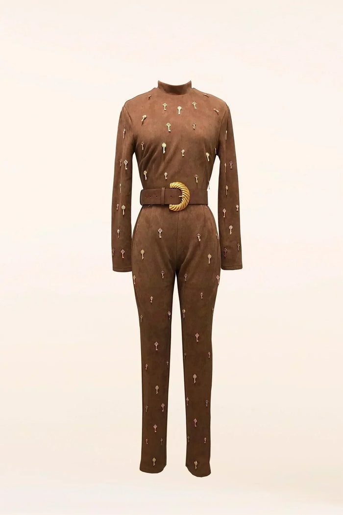BROWN SUEDE KEY JUMPSUIT - PRIVILEGE 