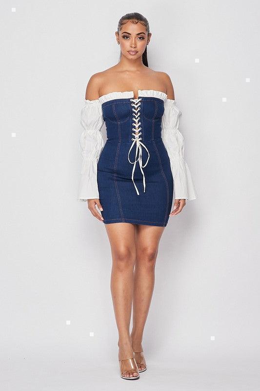 OFF SHOULDER SHOE LACE DRESS - PRIVILEGE 