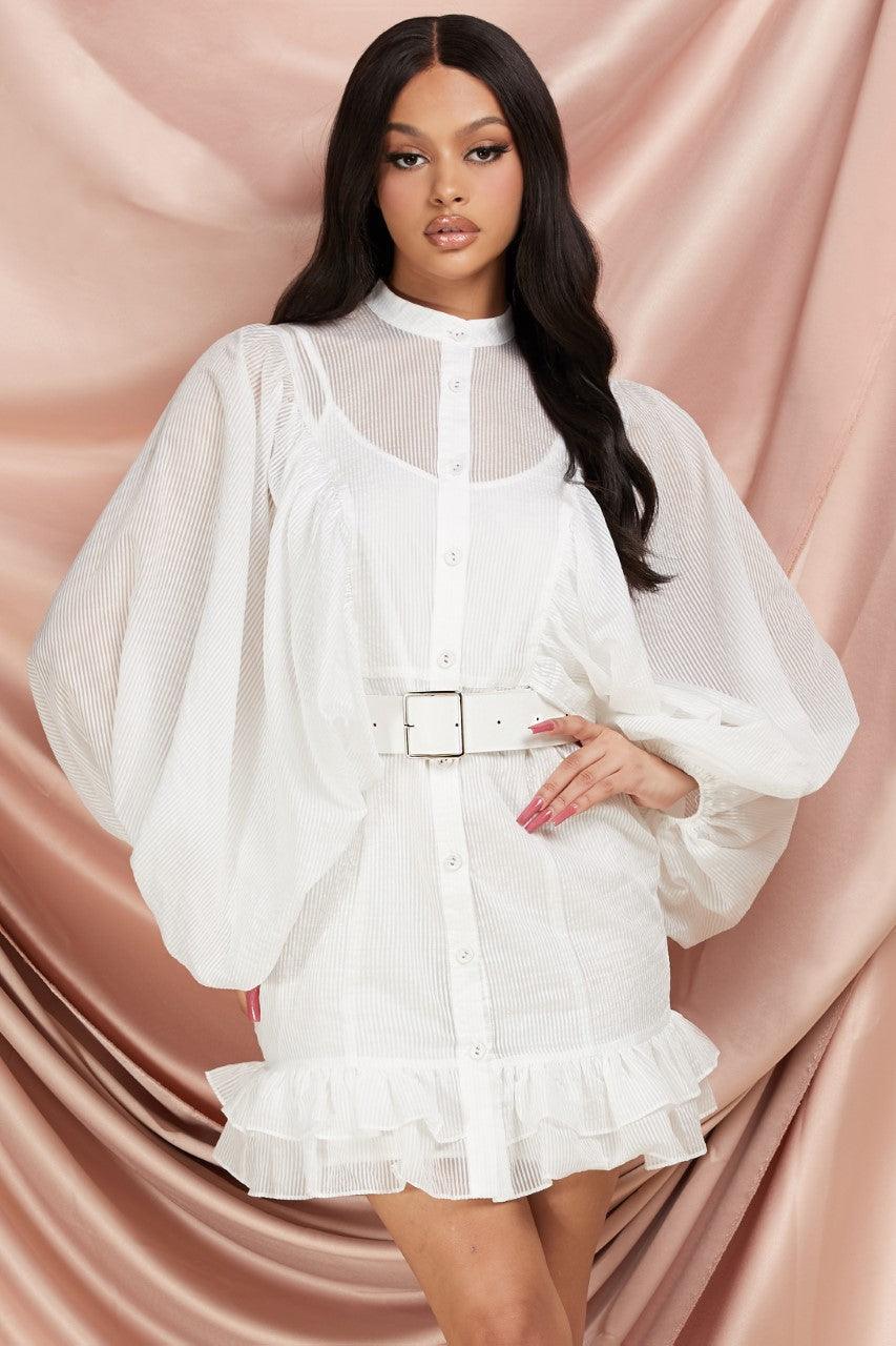WHITE MINI DRESS WITH RUFFLE TRIM - PRIVILEGE 
