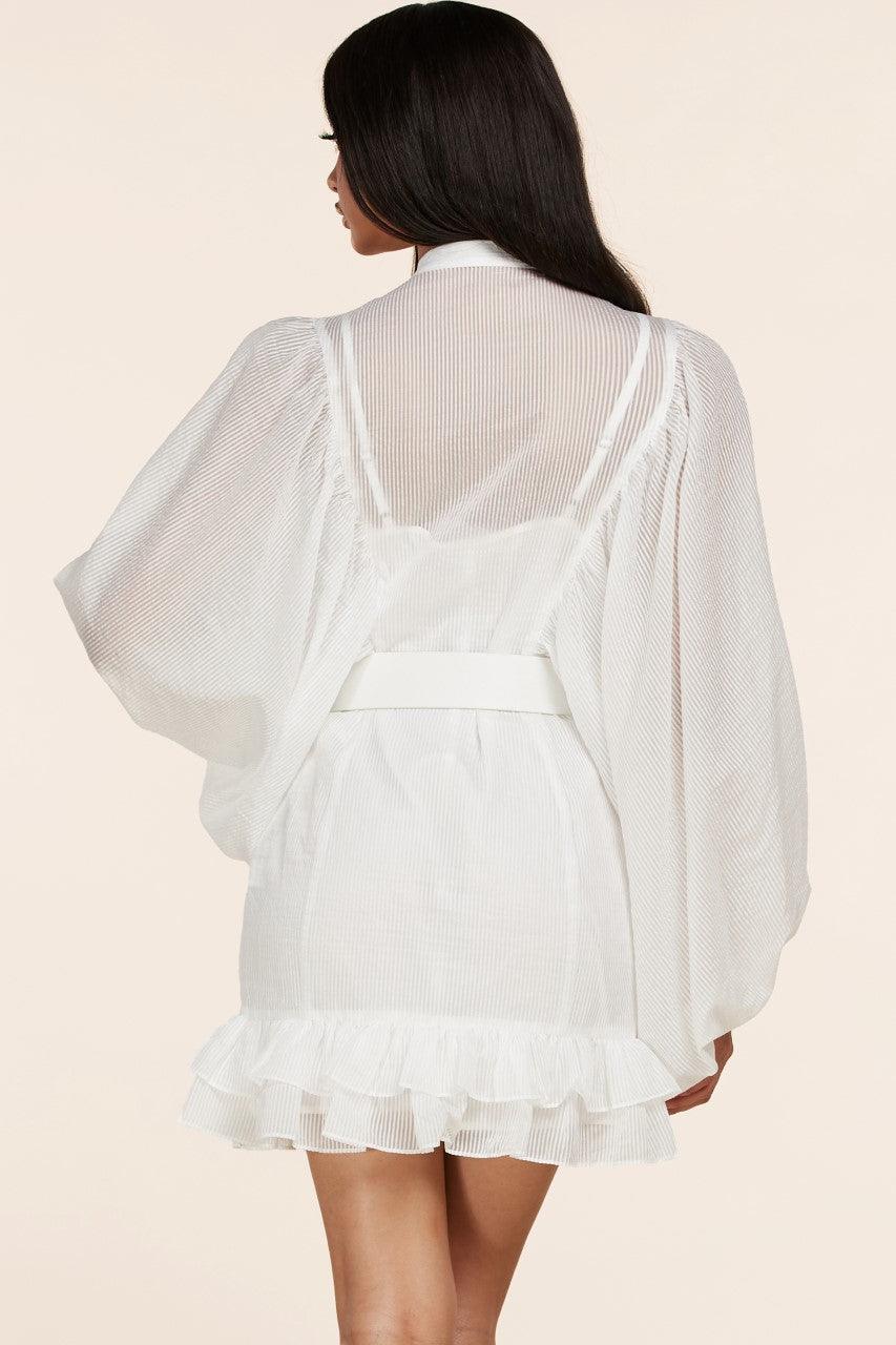 WHITE MINI DRESS WITH RUFFLE TRIM - PRIVILEGE 
